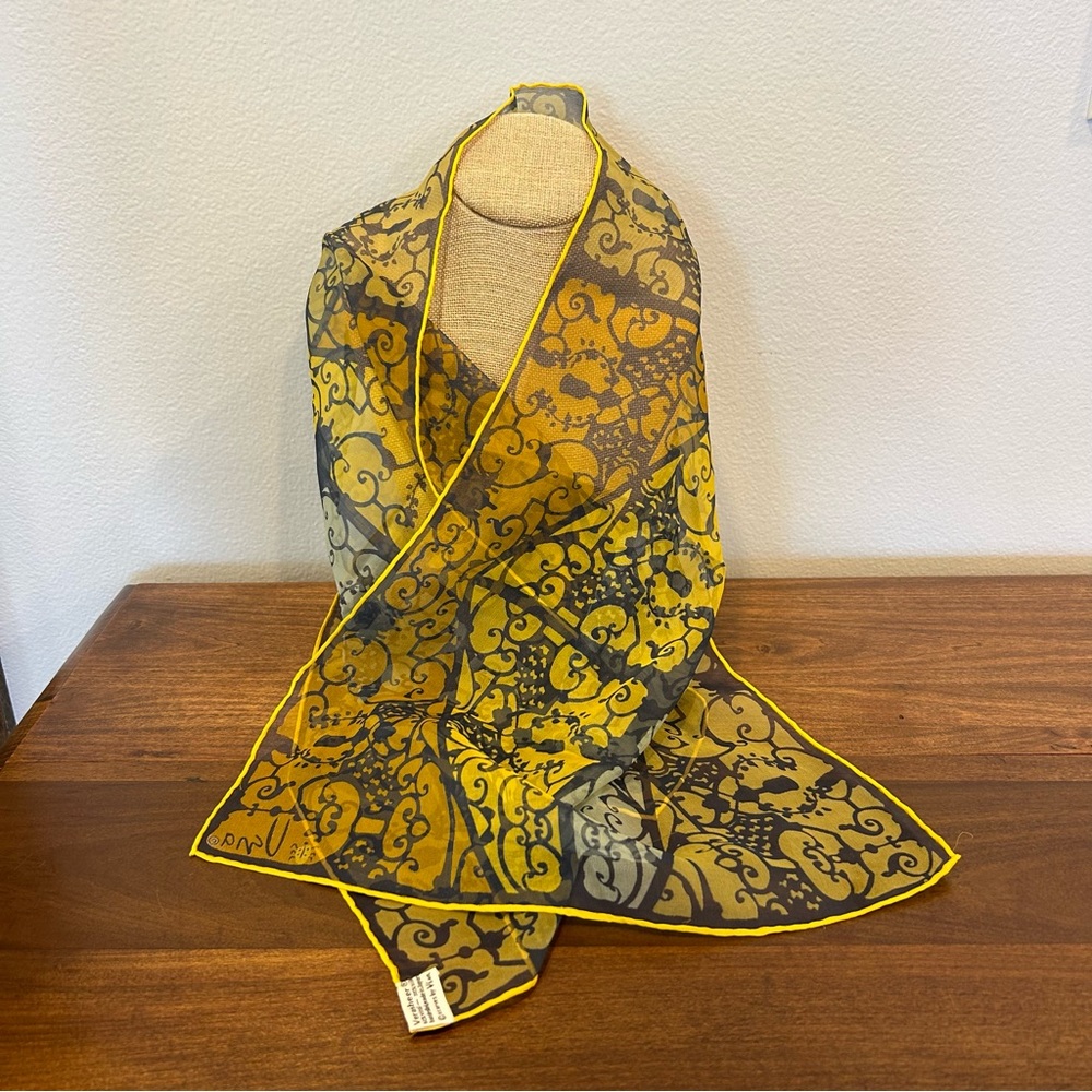 Vintage MOD 1970’s VERA NEUMANN Silk Scarf 44x13.5 Yellow Gray Baroque Verasheer - Picture 2 of 6